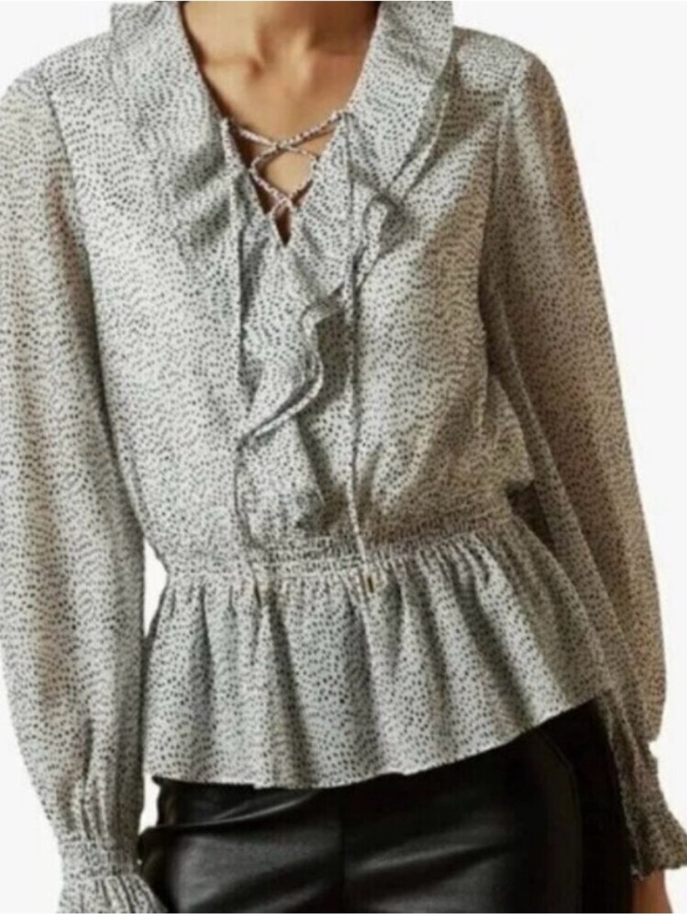 TED BAKER Alyanna Peplum Ruffle Beige Polka Dot Long Sleeve Blouse Sz S